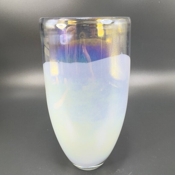 Heavy Art Glass Vase Vessel White Iridescent Finish Multicolor Glass Vase Decor - Picture 6 of 15